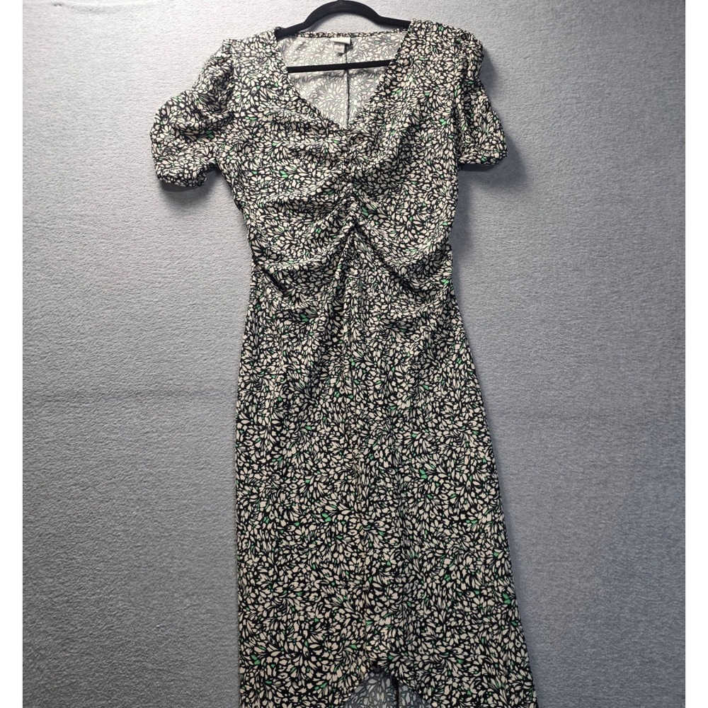 A New Day Midi Dress Womens M Floral Ruched Wrap V Neck Puff Sleeve High Low